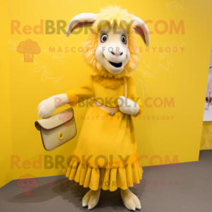 Yellow Angora Goat mascot costume character dressed with a A-Line Dress and Clutch bags