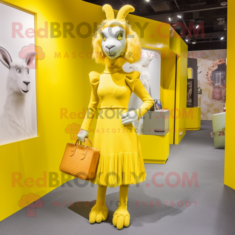 Yellow Angora Goat mascot costume character dressed with a A-Line Dress and Clutch bags Yellow Angora Goat mascot costume character dressed with a A-Line Dress and Clutch bags