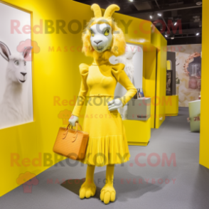 Yellow Angora Goat mascot costume character dressed with a A-Line Dress and Clutch bags