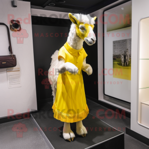 Yellow Angora Goat mascot costume character dressed with a A-Line Dress and Clutch bags