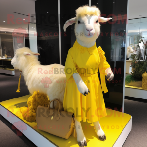 Yellow Angora Goat mascot costume character dressed with a A-Line Dress and Clutch bags