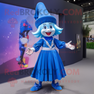 Blue Magician mascot costume character dressed with a Mini Skirt and Hair clips