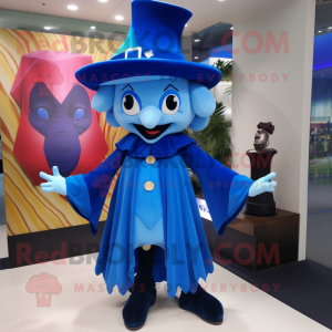Blue Magician mascot costume character dressed with a Mini Skirt and Hair clips