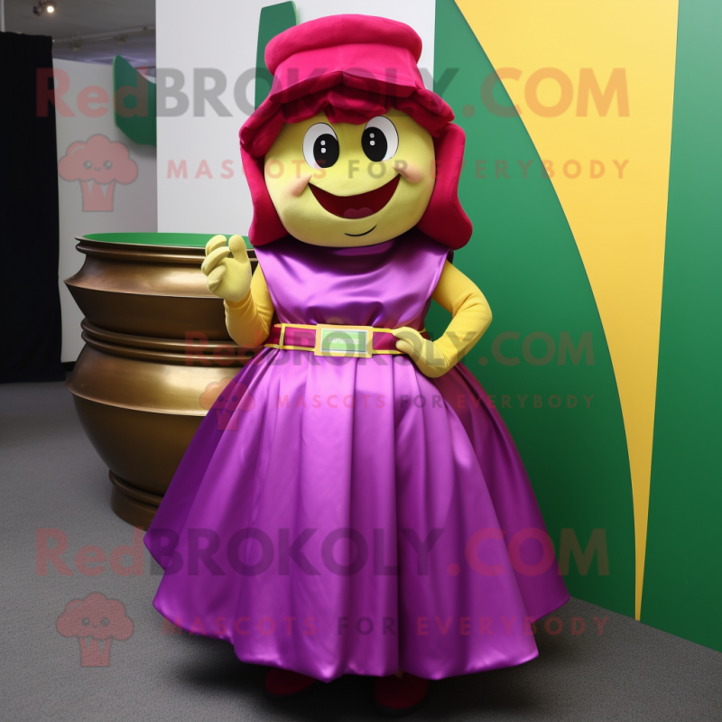 Magenta Pot Of Gold mascot costume character dressed with a Pleated Skirt and Belts Magenta Pot Of Gold mascot costume character dressed with a Pleated Skirt and Belts