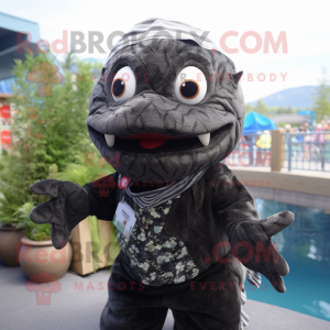 Black Cod mascot costume character dressed with a Playsuit and Scarves