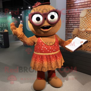 Rust Juggle mascot costume character dressed with a Shift Dress and Reading glasses