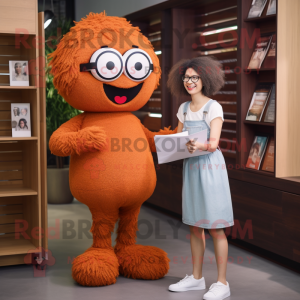 Rust Juggle mascot costume character dressed with a Shift Dress and Reading glasses