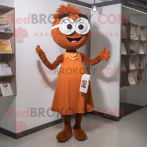 Rust Juggle mascot costume character dressed with a Shift Dress and Reading glasses