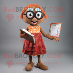 Rust Juggle mascot costume character dressed with a Shift Dress and Reading glasses