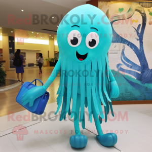 Turquoise Jellyfish mascot costume character dressed with a Long Sleeve Tee and Handbags