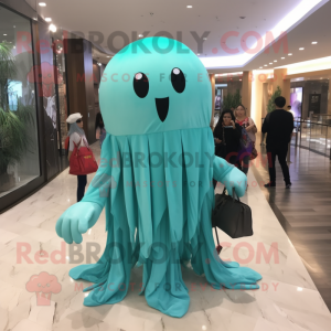 Turquoise Jellyfish mascot costume character dressed with a Long Sleeve Tee and Handbags