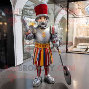 Silver Swiss Guard mascot costume character dressed with a Trousers and Keychains