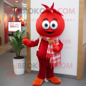Red Mango mascot costume character dressed with a Oxford Shirt and Scarf clips