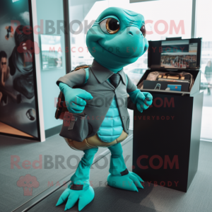 Teal Sea Turtle mascot costume character dressed with a Turtleneck and Briefcases