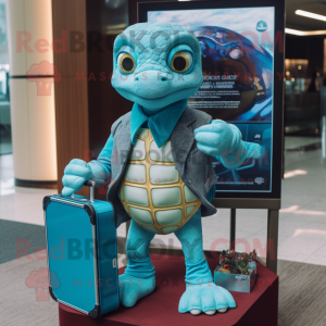 Teal Sea Turtle mascot costume character dressed with a Turtleneck and Briefcases