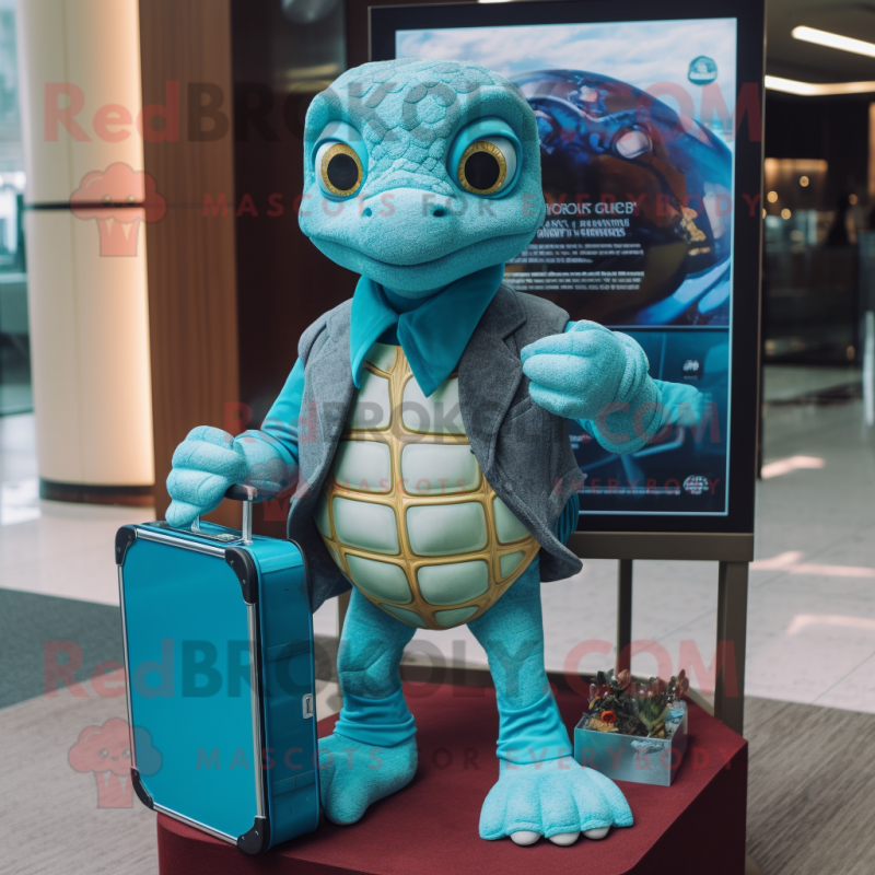 Teal Sea Turtle mascot costume character dressed with a Turtleneck and Briefcases Teal Sea Turtle mascot costume character dressed with a Turtleneck and Briefcases