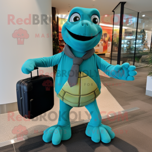 Teal Sea Turtle mascot costume character dressed with a Turtleneck and Briefcases