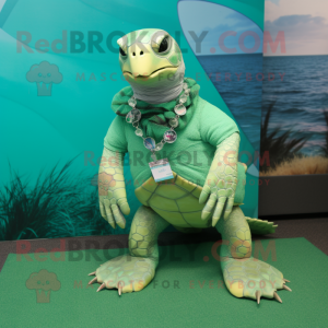 Green Sea Turtle mascot costume character dressed with a Leggings and Necklaces