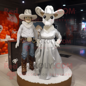 Silver Cowboy mascot costume character dressed with a Wedding Dress and Hairpins