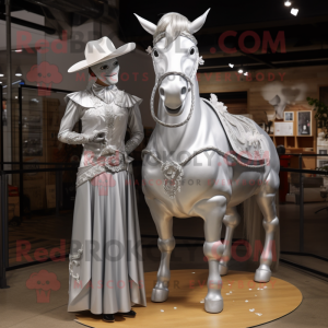 Silver Cowboy mascot costume character dressed with a Wedding Dress and Hairpins