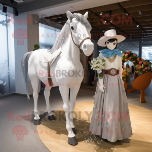 Silver Cowboy mascot costume character dressed with a Wedding Dress and Hairpins