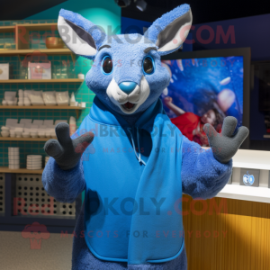 Blue Kangaroo mascot costume character dressed with a Cover-up and Mittens