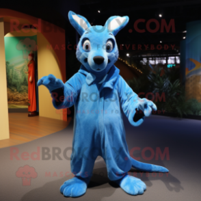 Blue Kangaroo mascot costume character dressed with a Cover-up and Mittens