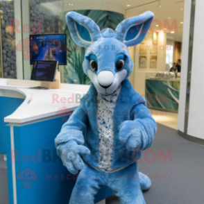 Blue Kangaroo mascot costume character dressed with a Cover-up and Mittens