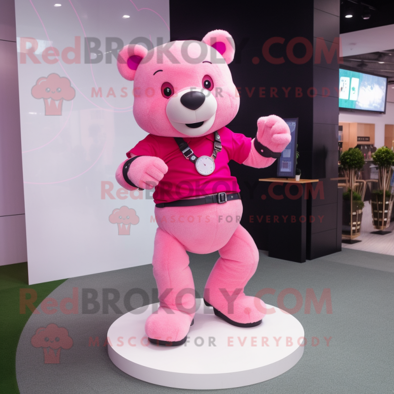 Pink Bear mascot costume character dressed with a Polo Tee and Bracelet watches Pink Bear mascot costume character dressed with a Polo Tee and Bracelet watches