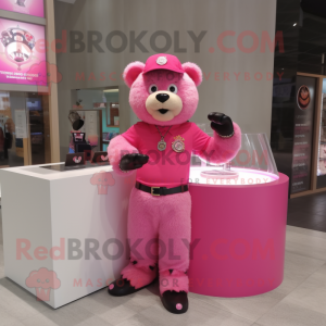 Pink Bear mascot costume character dressed with a Polo Tee and Bracelet watches