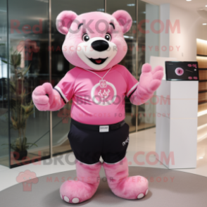 Pink Bear mascot costume character dressed with a Polo Tee and Bracelet watches