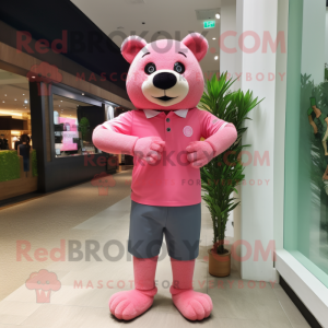 Pink Bear mascot costume character dressed with a Polo Tee and Bracelet watches