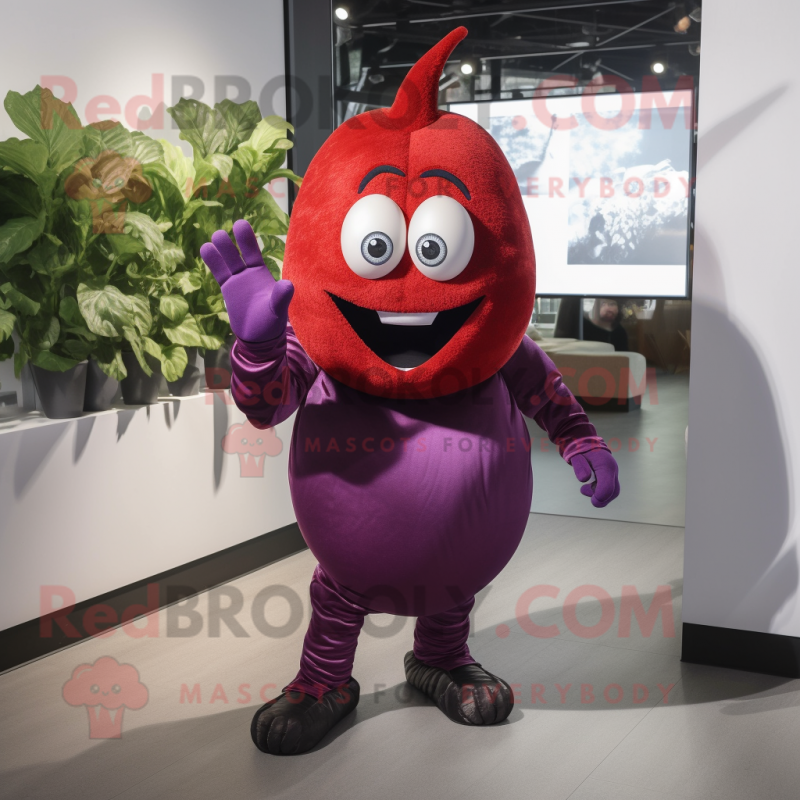 Red Eggplant mascot costume character dressed with a Rash Guard and Gloves Red Eggplant mascot costume character dressed with a Rash Guard and Gloves