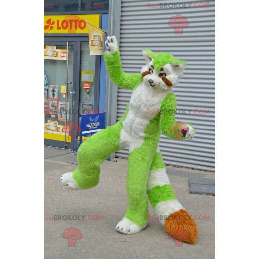 Mascote gato-guaxinim verde, branco e laranja - Redbrokoly.com