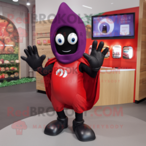 Red Eggplant mascot costume character dressed with a Rash Guard and Gloves