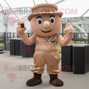Brown Champagne mascot costume character dressed with a Trousers and Caps
