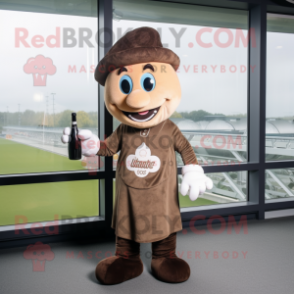 Brown Champagne mascot costume character dressed with a Trousers and Caps