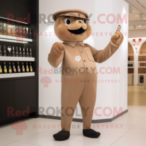 Brown Champagne mascot costume character dressed with a Trousers and Caps