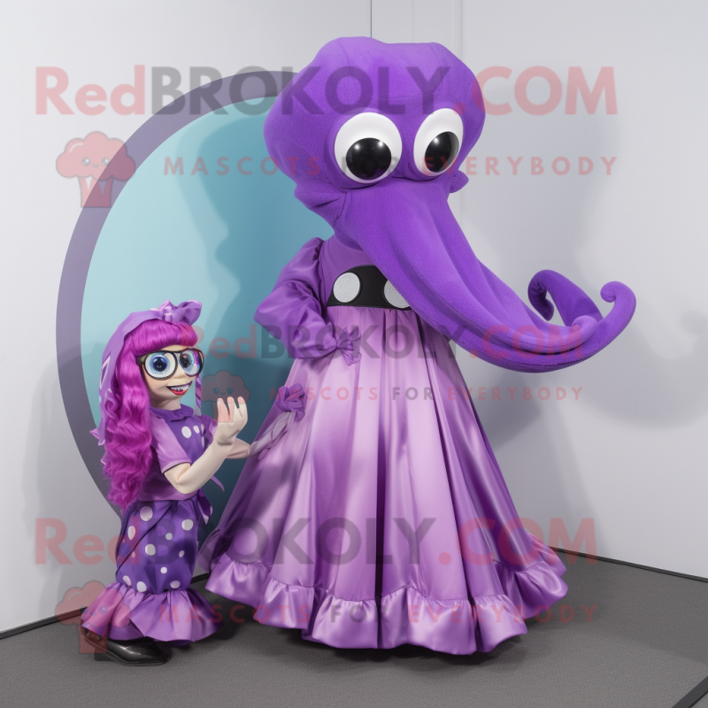 Purple Octopus mascot costume character dressed with a A-Line Skirt and Hair clips Purple Octopus mascot costume character dressed with a A-Line Skirt and Hair clips