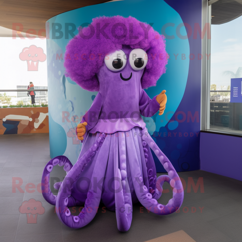 Purple Octopus mascot costume character dressed with a A-Line Skirt and Hair clips