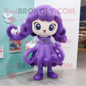 Purple Octopus mascot costume character dressed with a A-Line Skirt and Hair clips