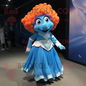 Sky Blue Clown Fish mascot costume character dressed with a Wrap Skirt and Hair clips