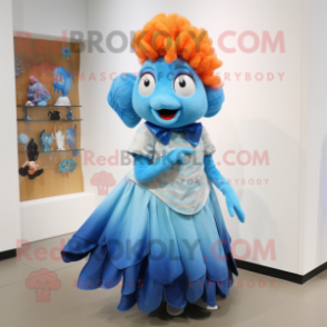 Sky Blue Clown Fish mascot costume character dressed with a Wrap Skirt and Hair clips