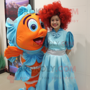 Sky Blue Clown Fish mascot costume character dressed with a Wrap Skirt and Hair clips