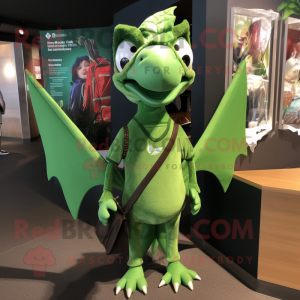 Green Pterodactyl mascot costume character dressed with a V-Neck Tee and Backpacks