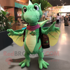 Green Pterodactyl mascot costume character dressed with a V-Neck Tee and Backpacks