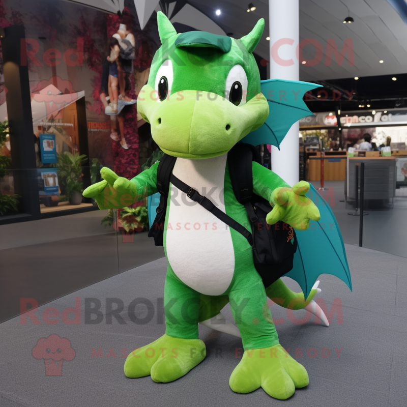 Green Pterodactyl mascot costume character dressed with a V-Neck Tee and Backpacks Green Pterodactyl mascot costume character dressed with a V-Neck Tee and Backpacks