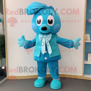 Cyan But mascot costume character dressed with a Windbreaker and Bow ties