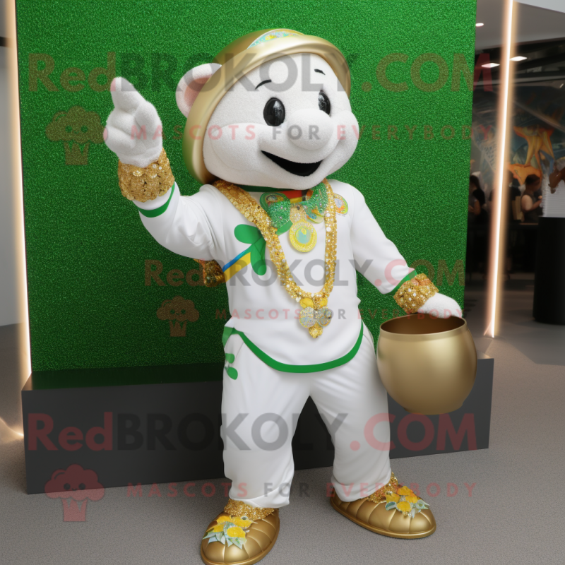 White Pot Of Gold mascot costume character dressed with a Romper and Bracelets White Pot Of Gold mascot costume character dressed with a Romper and Bracelets