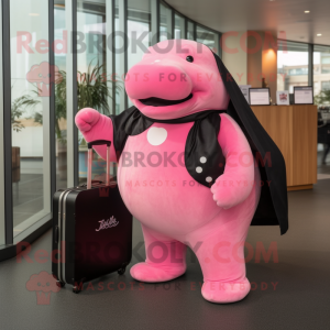 Pink Stellar'S Sea Cow mascot costume character dressed with a Tuxedo and Tote bags